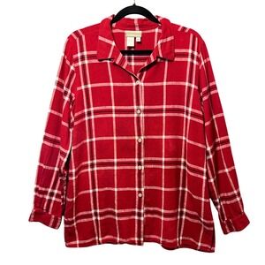 Coldwater Creek Womens XL Plaid Red  Linen Rayon Button Up Long Sleeve Shirt Top